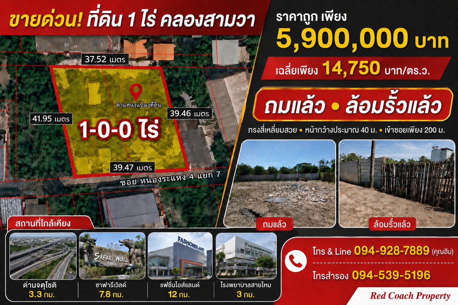 ขายด่วน ที่ดิน 1 ไร่ ถมแล้วพร้อมล้อมรั้ว คลองสามวา ทรงสี่เหลี่ยมสวย ใกล้ทางด่วนจตุโชติ